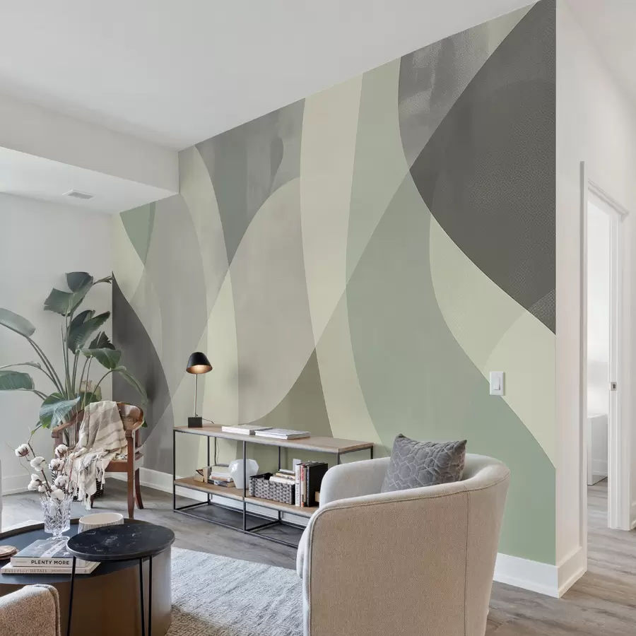 Fototapetai Minkštos, prislopintų tonų kreivės su sklandančiomis linijomis ir žaliais gradientais, minimalistinis ir modernus w01334