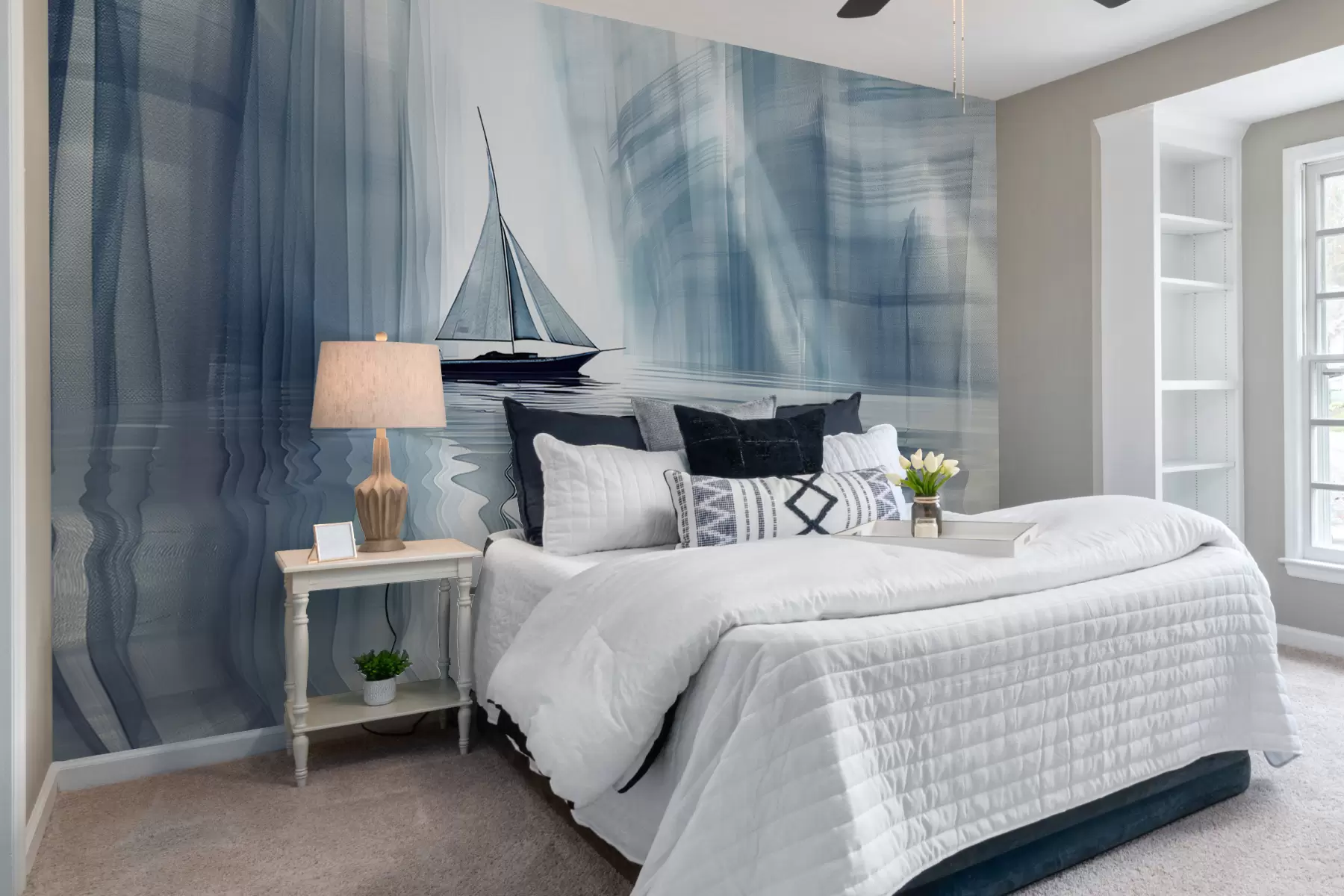 Fototapetai Mėlynos spalvos futuristinio stiliaus valtis ant vandens w01338