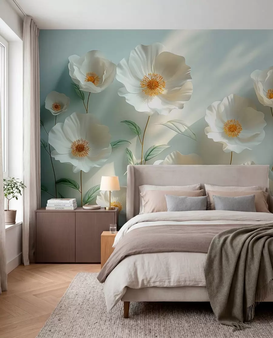 Fototapetai Baltos aguonos prie sienos su saulės šviesa ir 3D efektu w01339