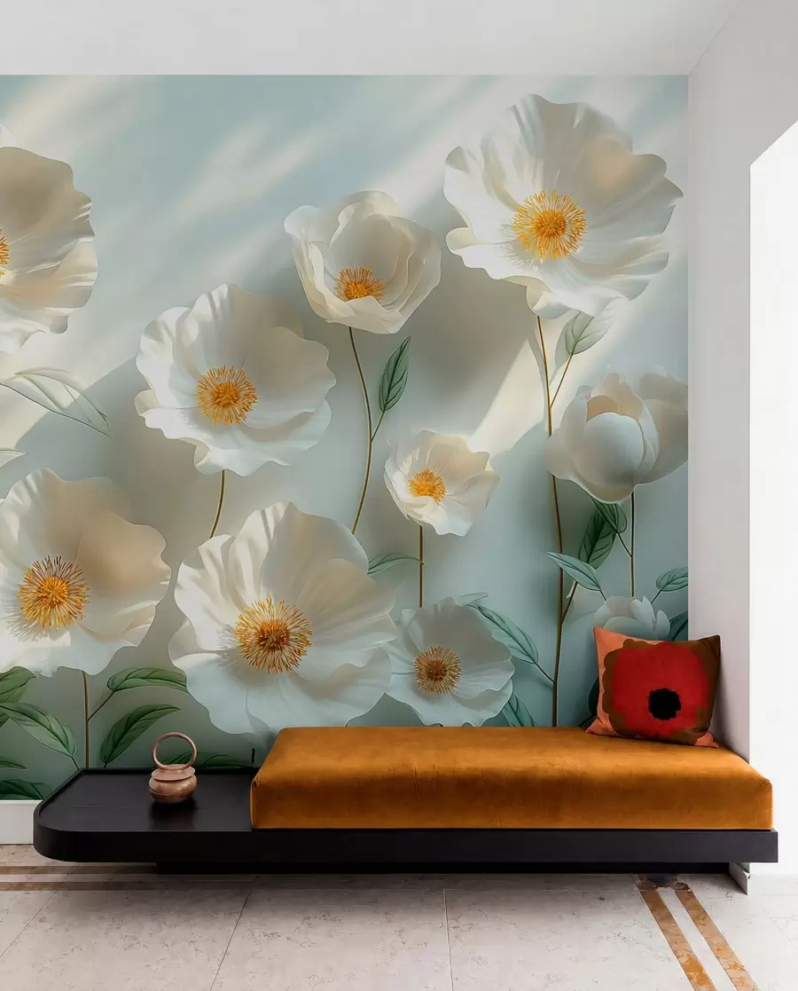 Fototapetai Baltos aguonos prie sienos su saulės šviesa ir 3D efektu w01339