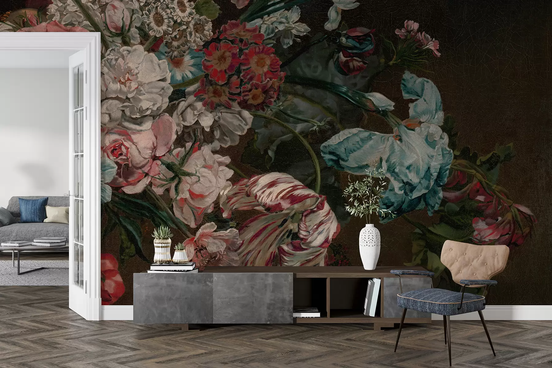 Fototapetai Senovinės spalvingos gėlės, įskaitant rožinius bijūnus, raudonus gvazdikus ir baltas lelijas tamsiame fone w08163