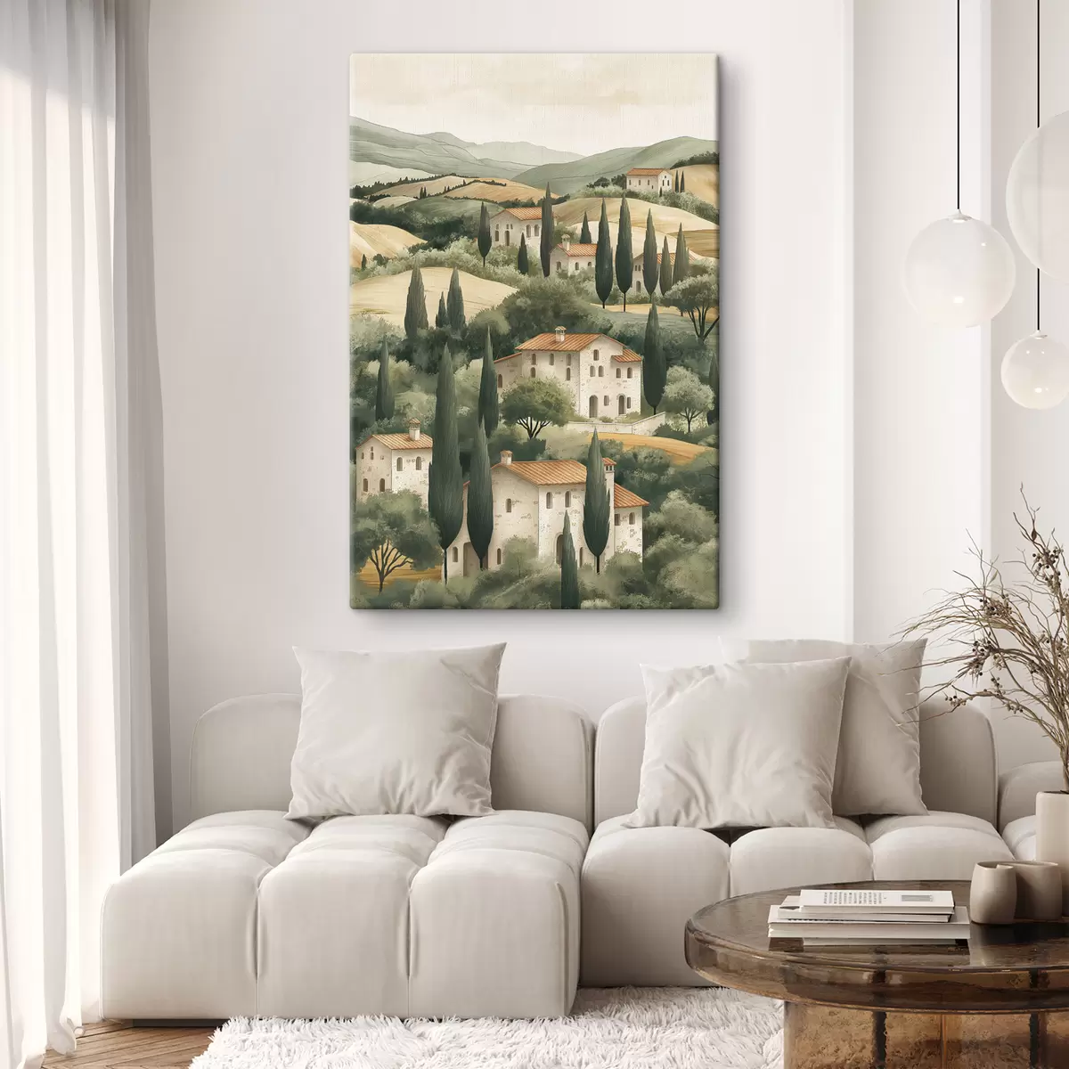 Paveikslėlis Toskanos kraštovaizdis su vintažiniais namais, pastelinėmis spalvomis, kalvomis ir medžiais, kaimiškas s40082
