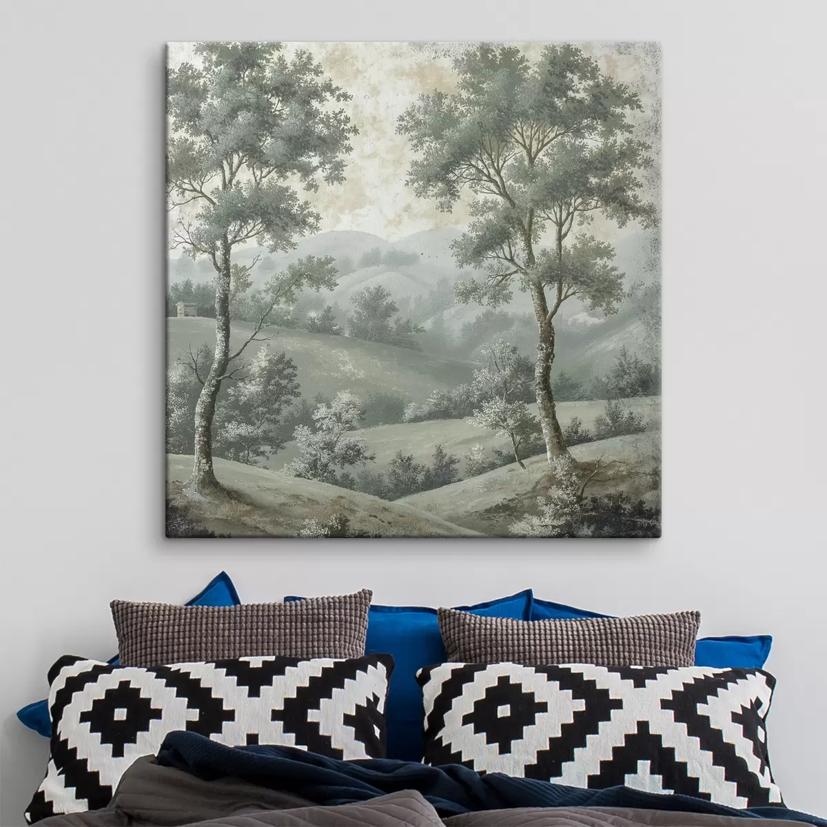 Paveikslėlis Vintažinis peizažas, kaimiškas stilius, pastelinės spalvos, pieva su medžiais, boho s40085