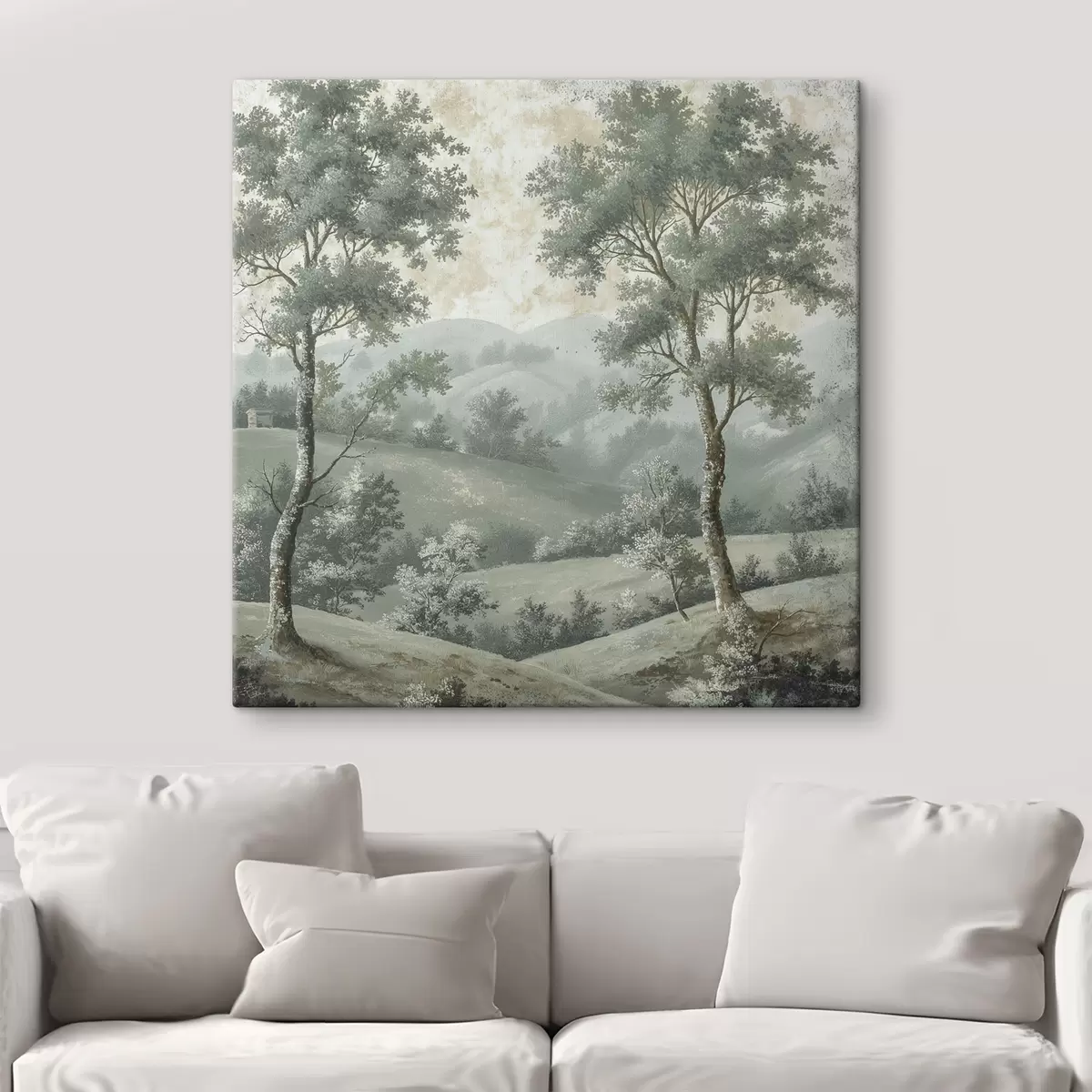Paveikslėlis Vintažinis peizažas, kaimiškas stilius, pastelinės spalvos, pieva su medžiais, boho s40085