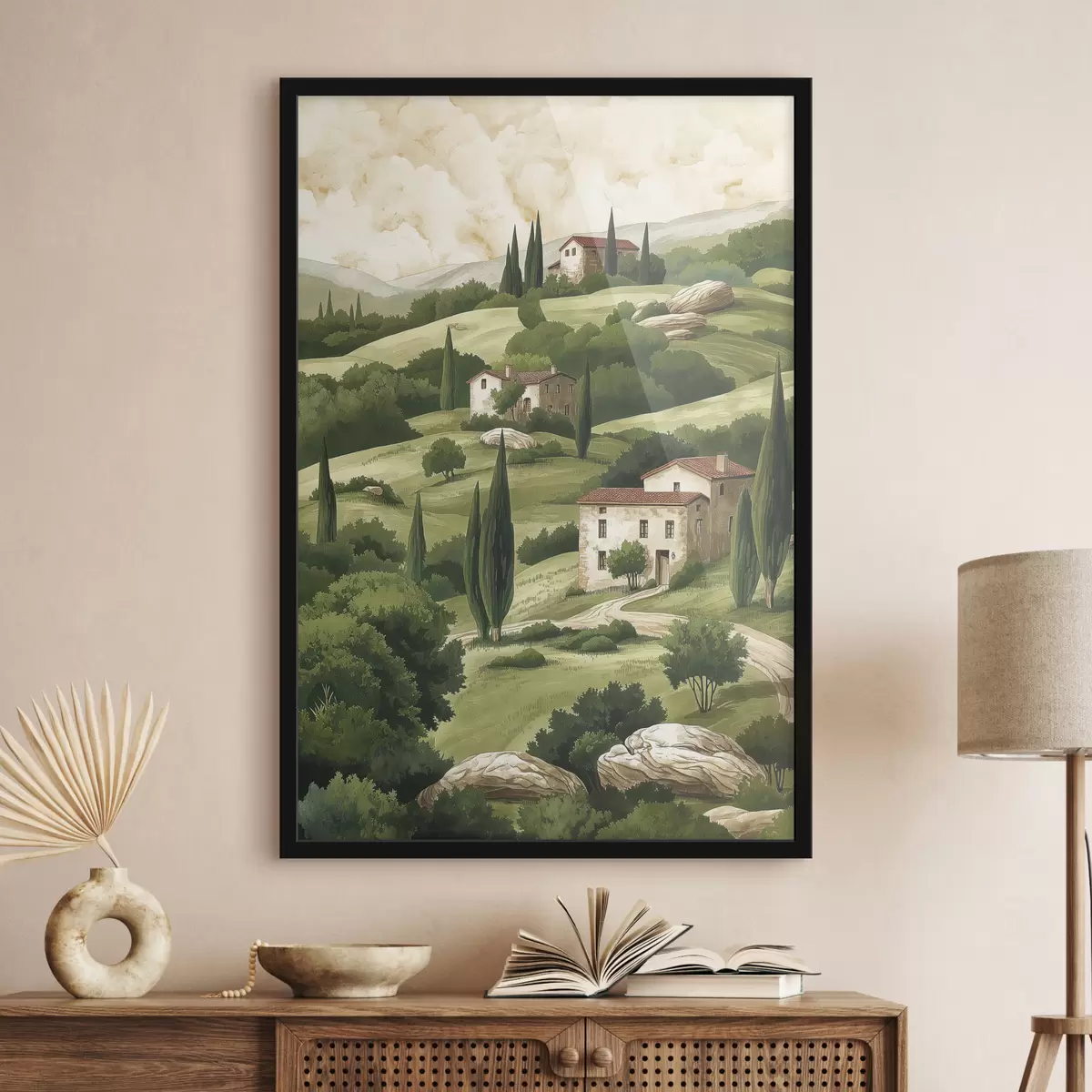 Plakatas Peizažas su vintažiniais namais, pastelinės žalios spalvos, akrilo piešinys, kaimiškas f40080