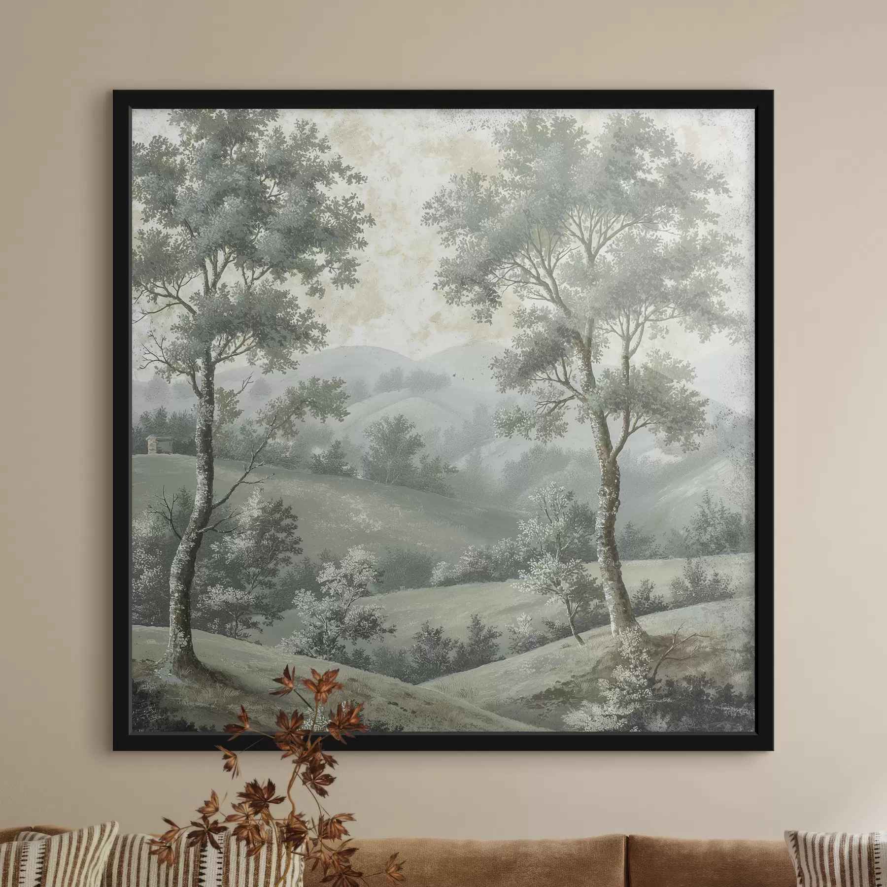 Paveikslėlis Vintažinis peizažas, kaimiškas stilius, pastelinės spalvos, pieva su medžiais, boho f40085