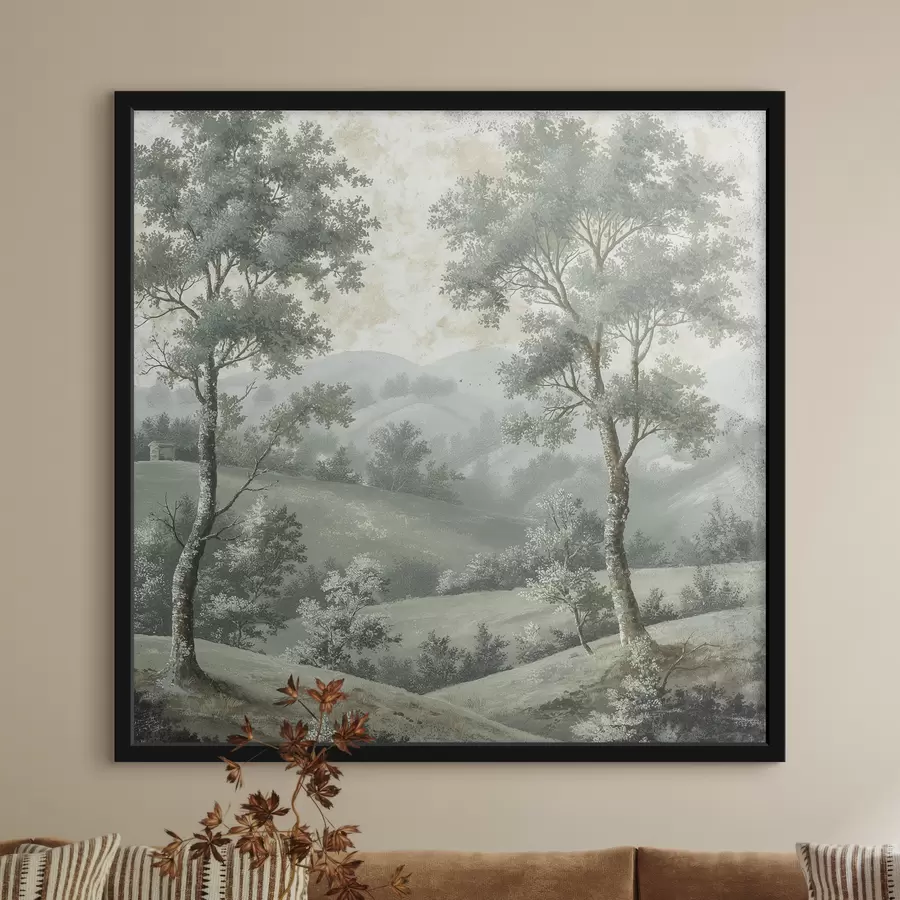 Fototapetai Vintažinis peizažas, kaimiškas stilius, pastelinės spalvos, pieva su medžiais, boho f40085