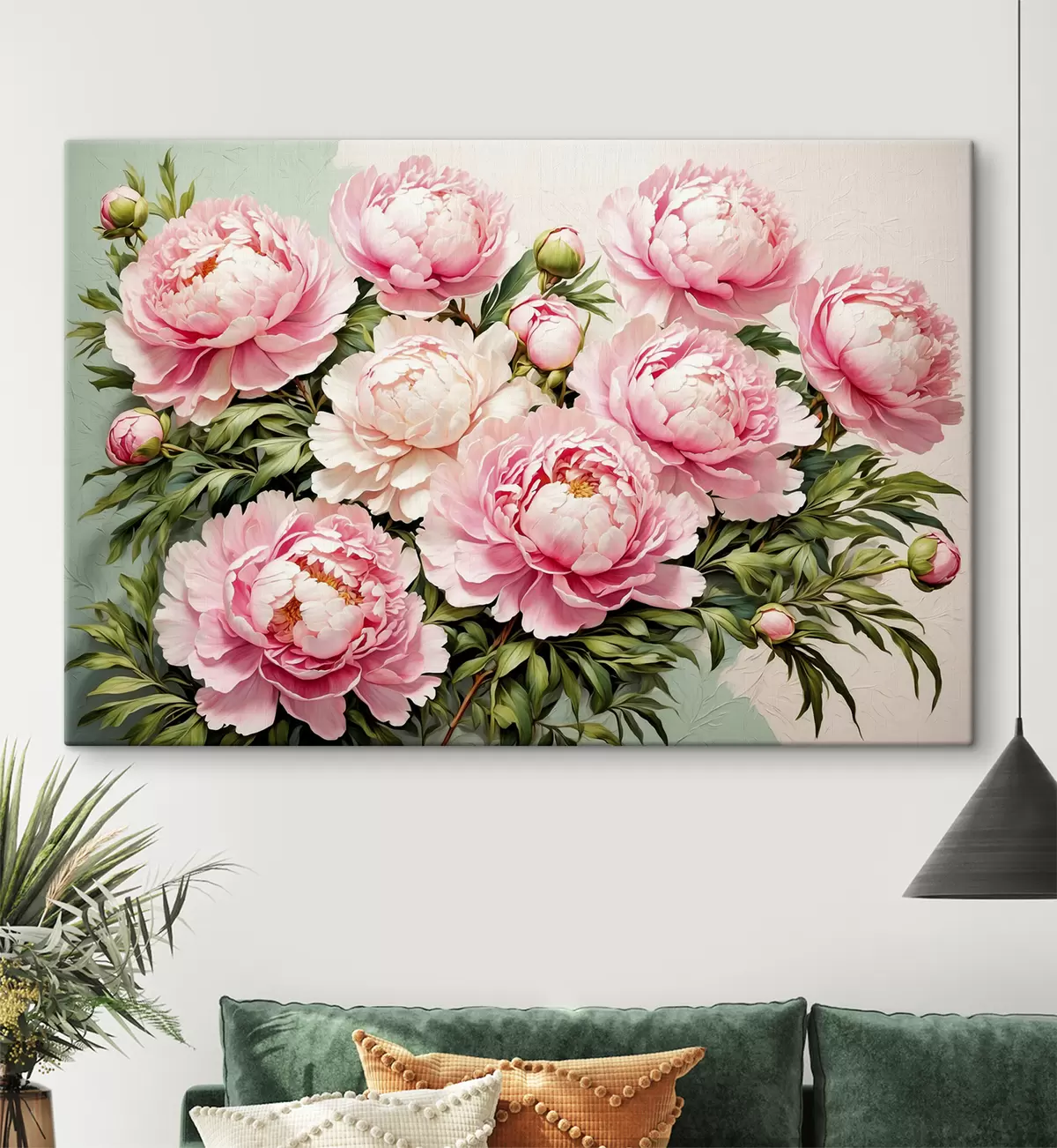 Paveikslėlis Rožinės gėlės ir lapai mėlynai baltame fone s40074