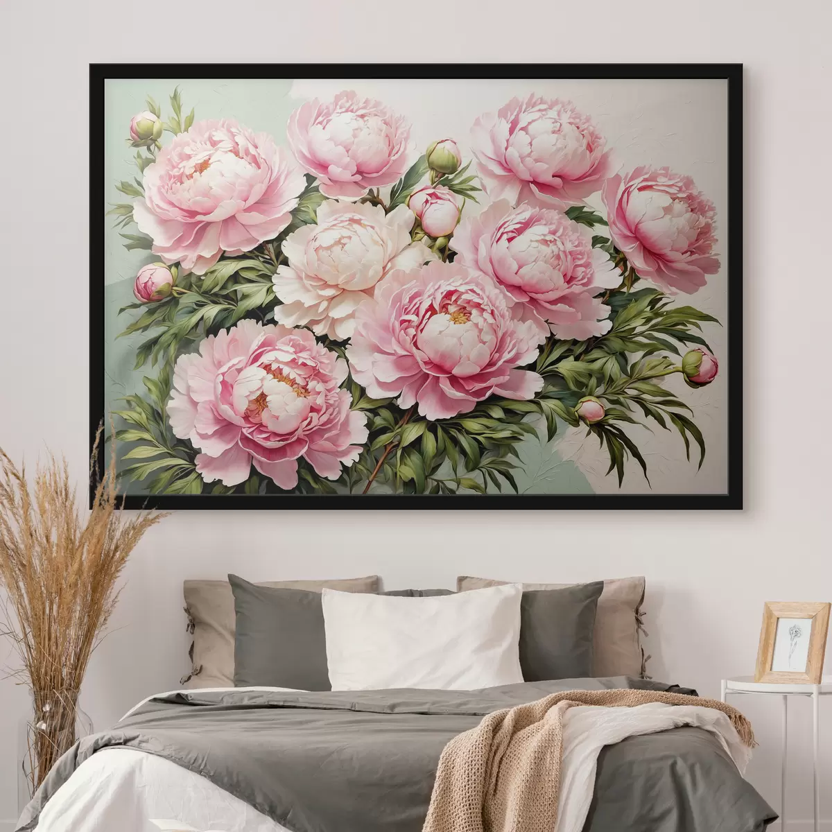 Plakatas Rožinės gėlės ir lapai mėlynai baltame fone f40074