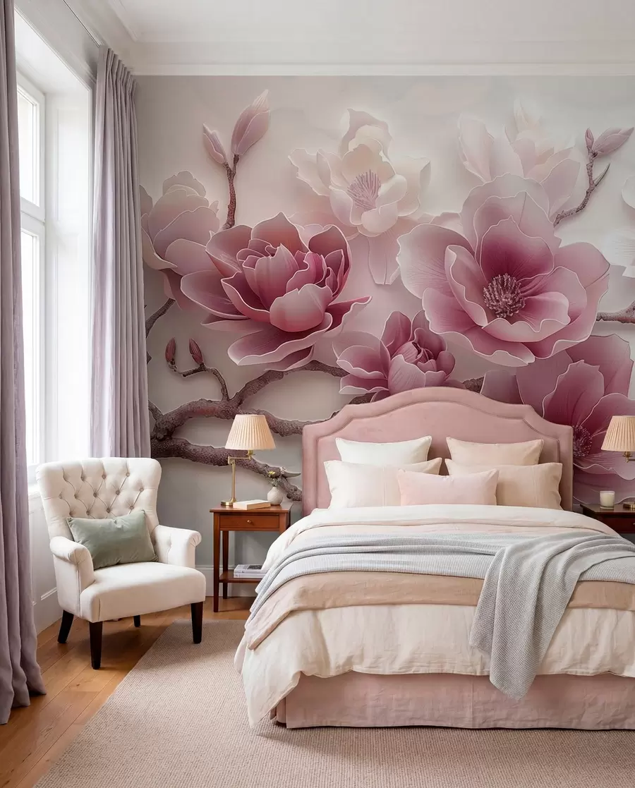 Fototapetai Rožiniai reljefiniai magnolijos žiedai ant grakščios šakos w01359v2