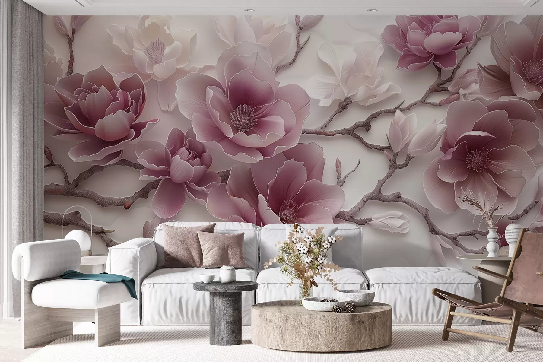 Fototapetai Rožiniai reljefiniai magnolijos žiedai ant grakščios šakos w01359v2