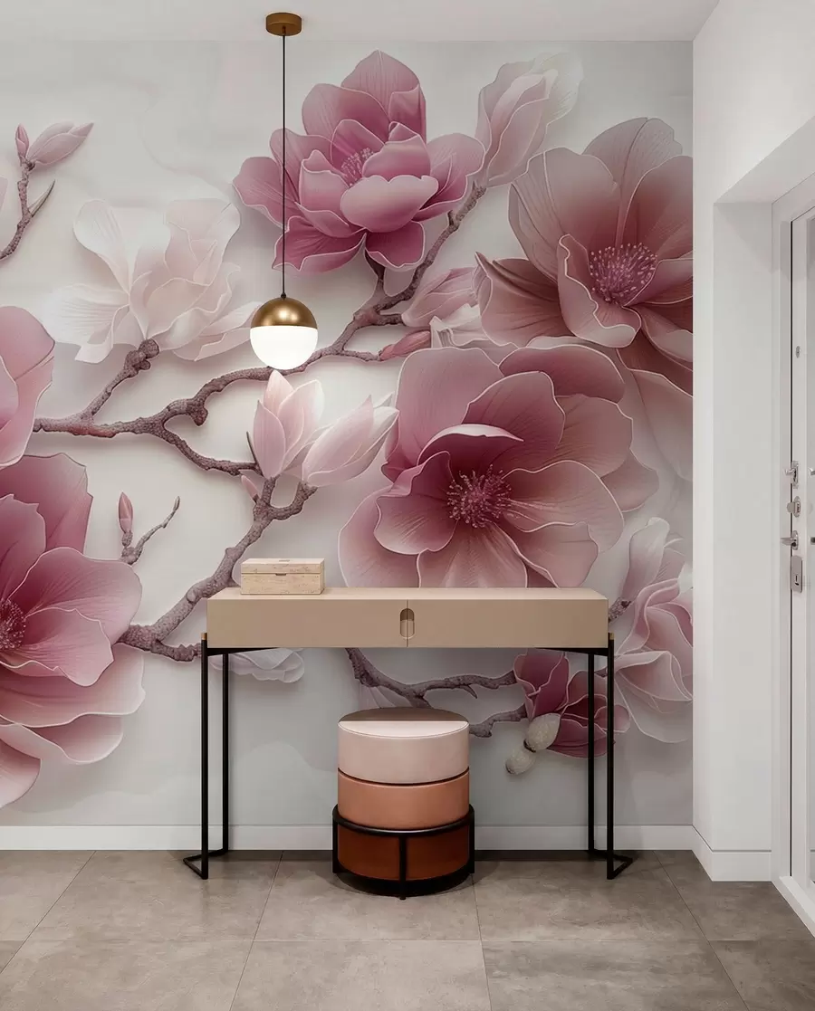 Fototapetai Rožiniai reljefiniai magnolijos žiedai ant grakščios šakos w01359v2