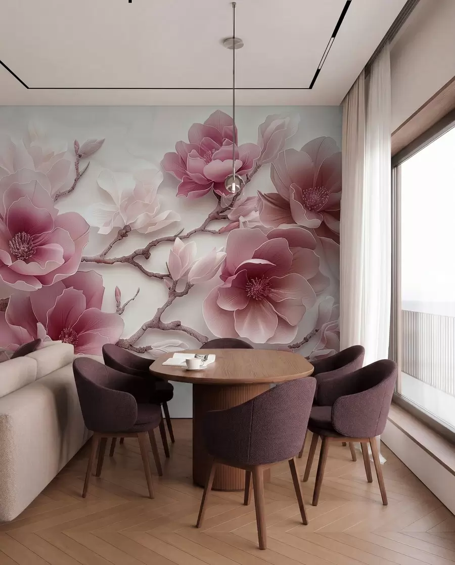 Fototapetai Rožiniai reljefiniai magnolijos žiedai ant grakščios šakos w01359v2