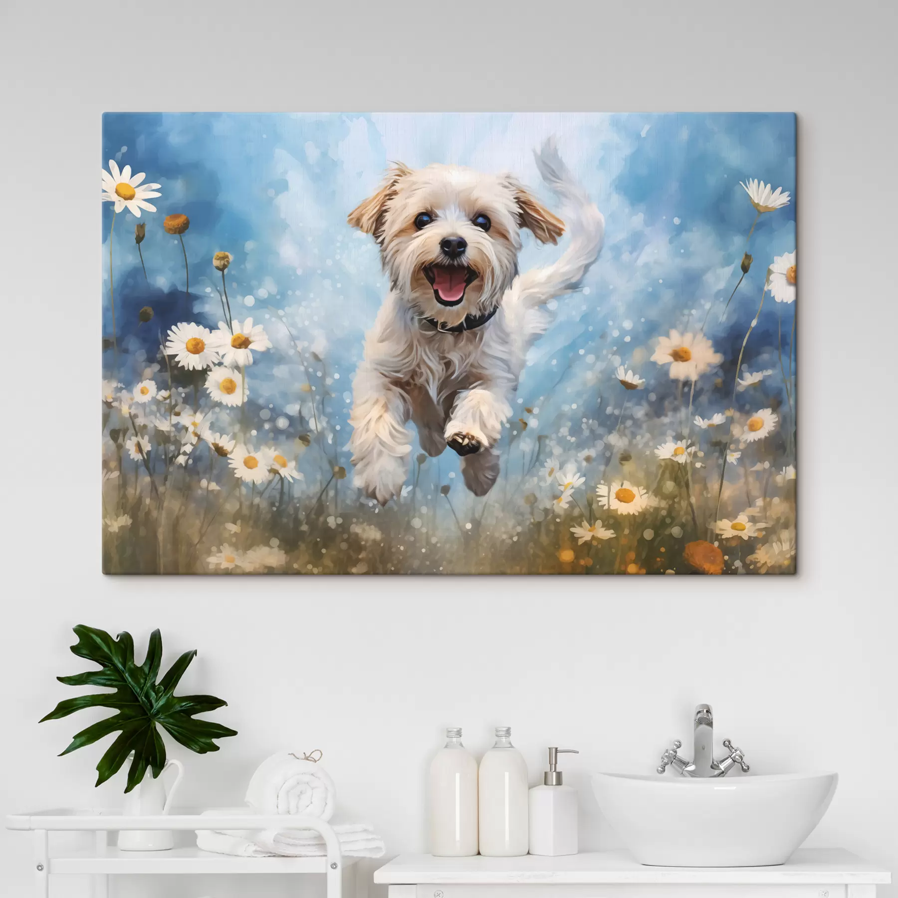 Fototapetai Mažas baltas šuo šokinėja tarp ramunėlių mėlyname akvarelės fone s40092