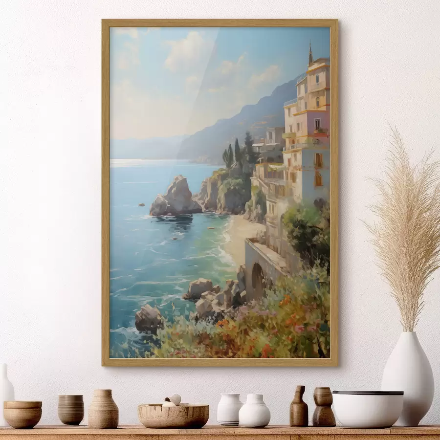 Fototapetai Vaizdas į jūros įlanką, kalnus Italijoje iš viešbučio aliejinės tapybos imitacijos f40088