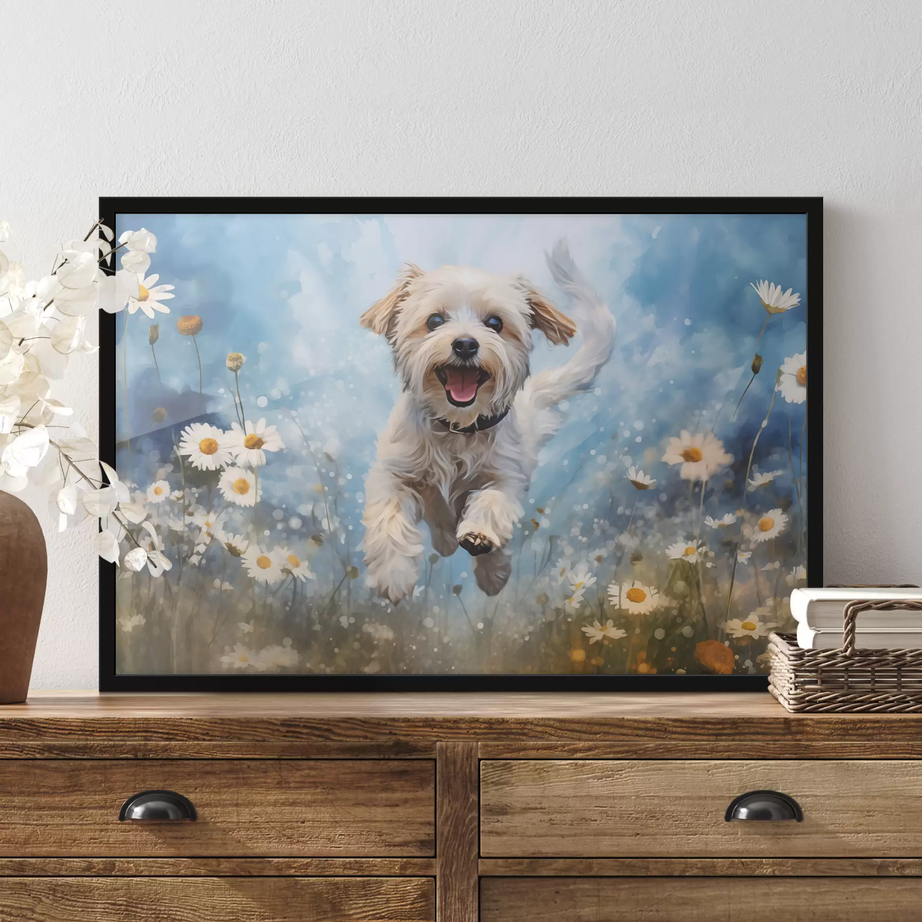 Fototapetai Mažas baltas šuo šokinėja tarp ramunėlių mėlyname akvarelės fone f40092