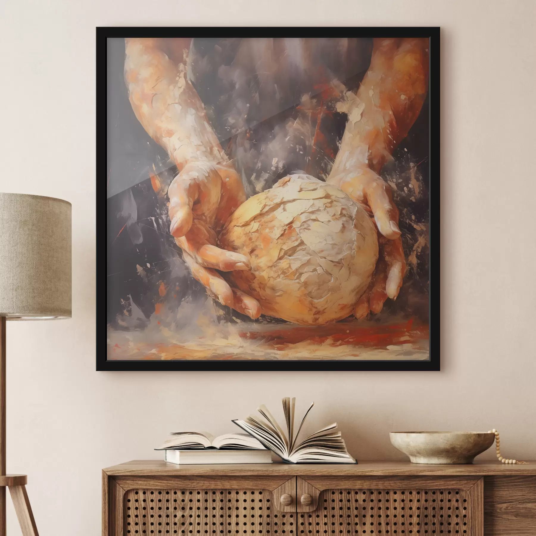 Fototapetai Kepėjo rankos, laikančios tešlą, aliejinės tapybos imitacija f40095