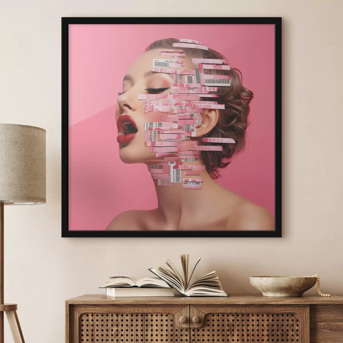 Plakatas Merginos portretas raudonomis lūpomis, padengtomis brūkšniniais kodais rožiniame fone f40101