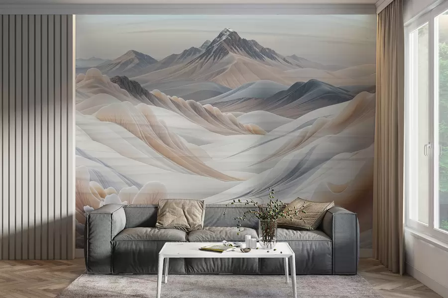 Fototapetai Kalnų kraštovaizdžio raštas su sniego viršūnėmis smėlio spalvos minimalistinės estetikos atspalviais  w08191