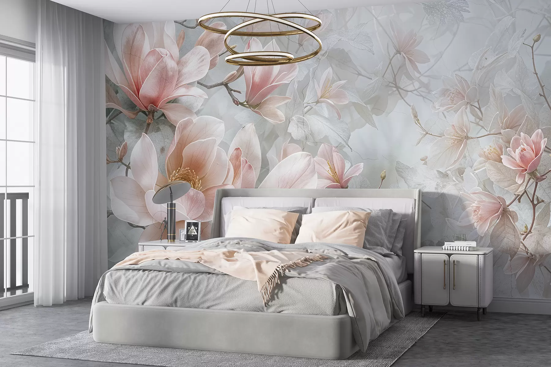 Fototapetai Švelnios rožinės spalvos magnolijos gėlės žydi švelniame, neryškiame gėlių pilkame fone w08192