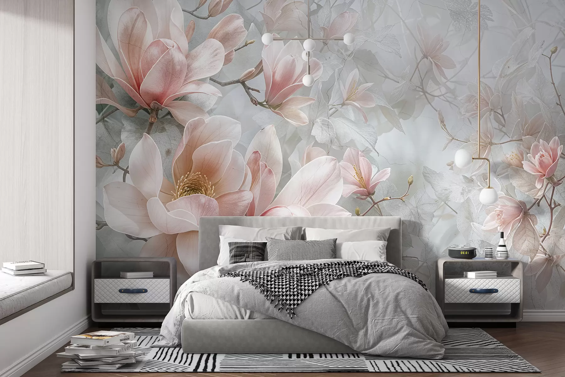 Fototapetai Švelnios rožinės spalvos magnolijos gėlės žydi švelniame, neryškiame gėlių pilkame fone w08192