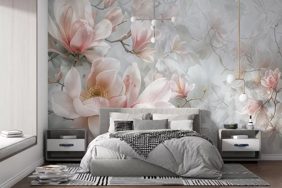 Fototapetai Švelnios rožinės spalvos magnolijos gėlės žydi švelniame, neryškiame gėlių pilkame fone w08192