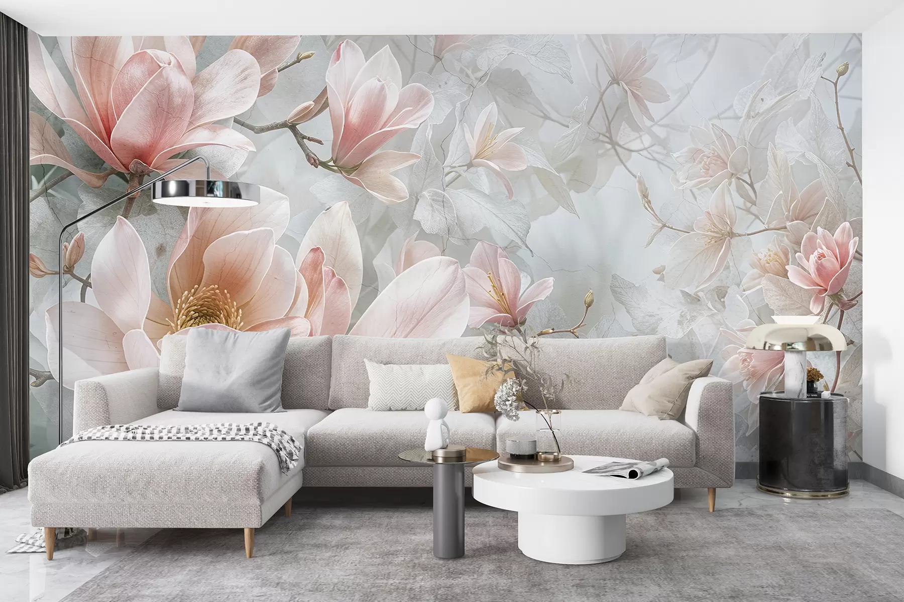 Fototapetai Švelnios rožinės spalvos magnolijos gėlės žydi švelniame, neryškiame gėlių pilkame fone w08192