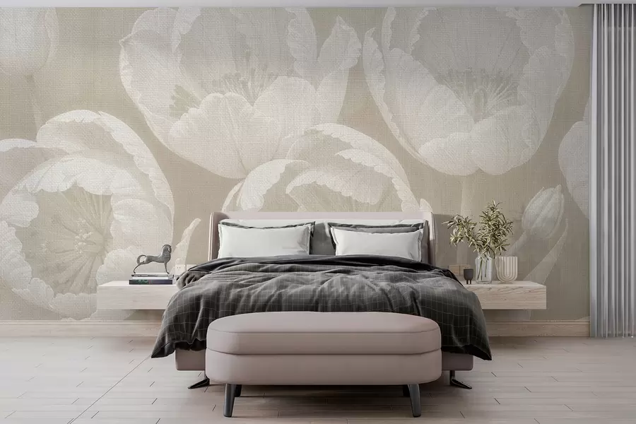 Fototapetai Baltų tulpių piešinys su minkštu, drobės tekstūros rausvu neryškiu fonu minimalistiniu vienspalviu spaudiniu w08193v1