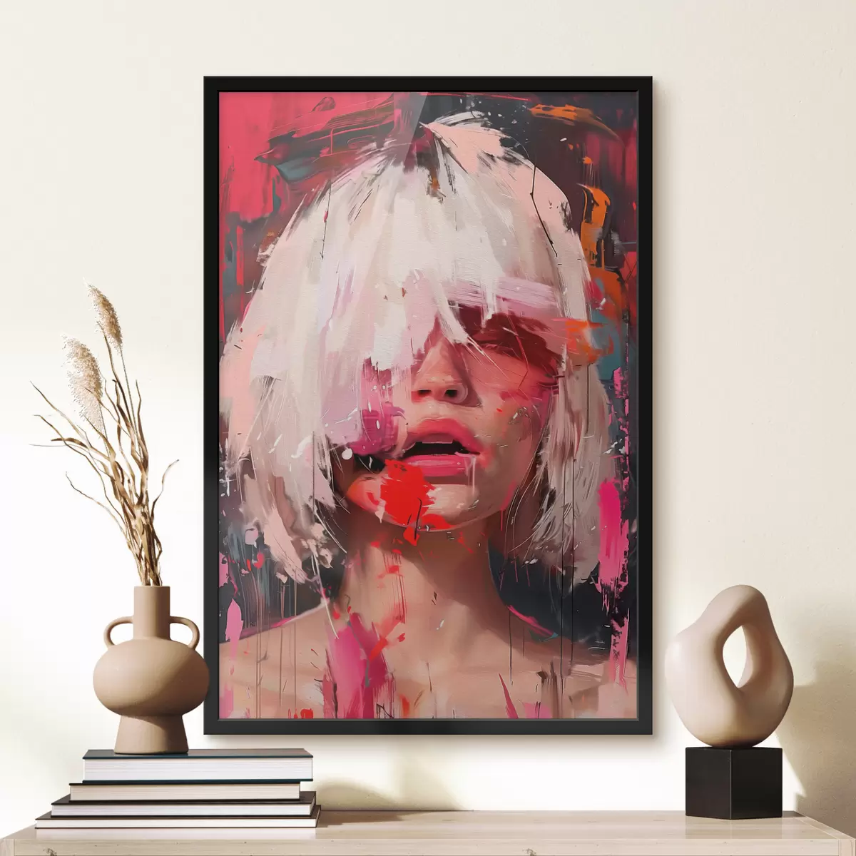 Plakatas Šviesiaplaukė mergina su kvadratine boba ir spalvotais dažais f40110