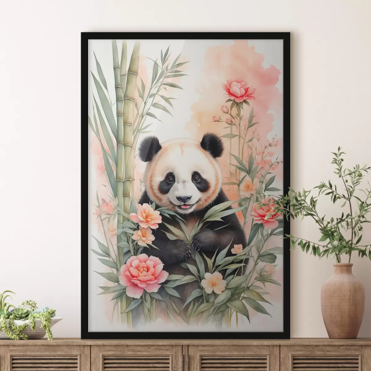 Plakatas Panda su gėlėmis ir bambuku f40125
