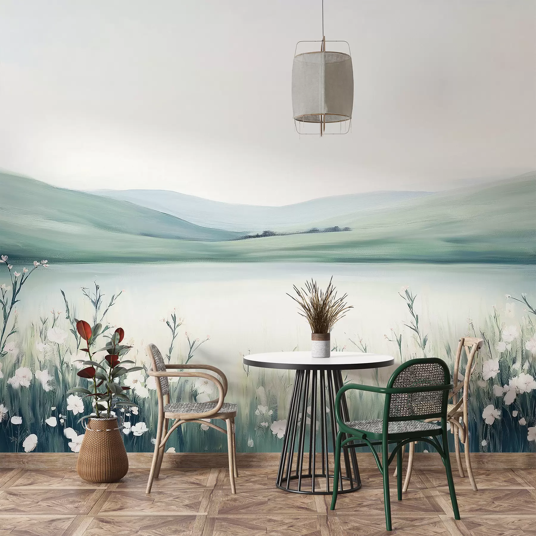 Fototapetai Gėlių pieva, gamtos peizažas, ežeras, žalios ir mėlynos spalvų paletė  w01387v1