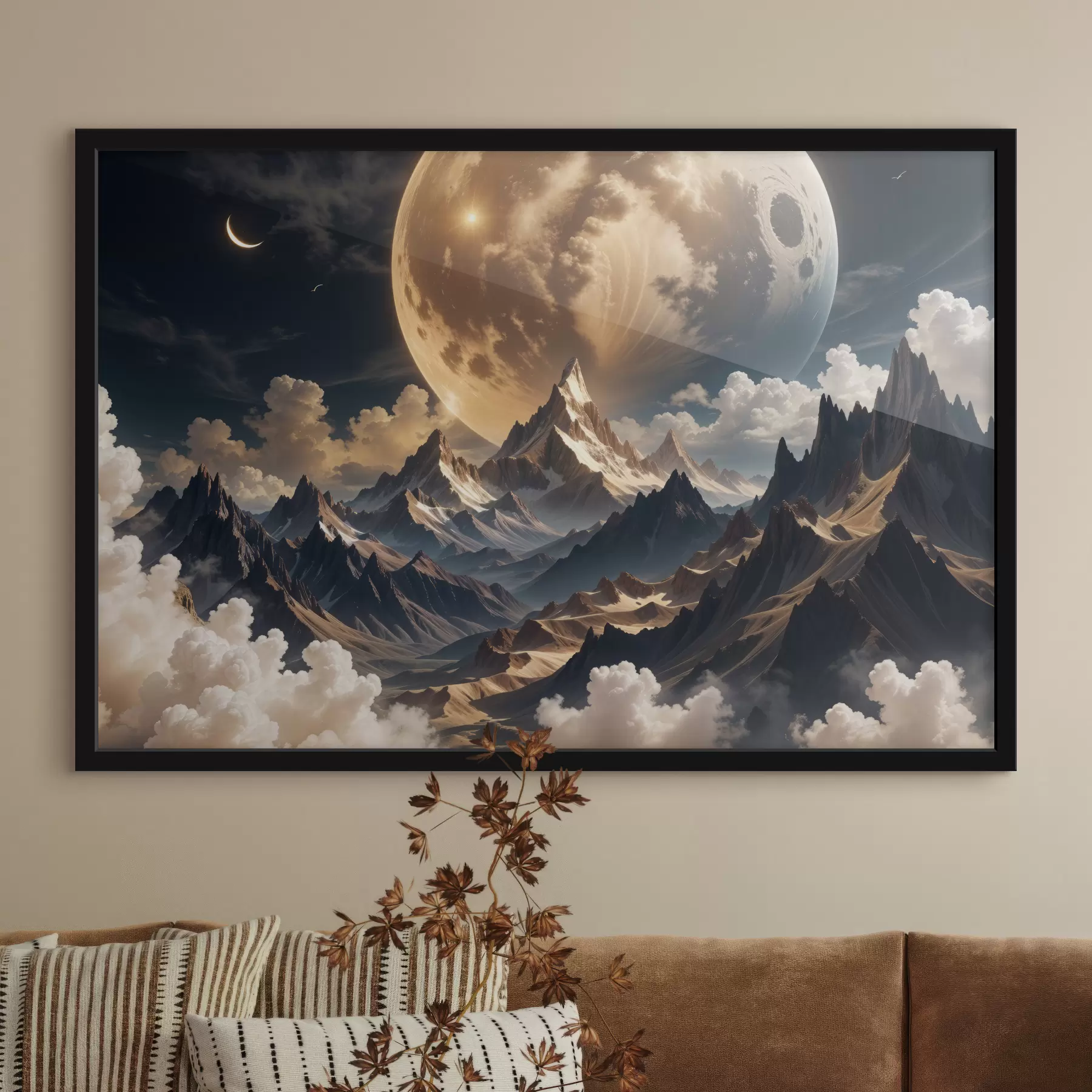 Fototapetai Siurrealistinis peizažas su snieguotais kalnais po didžiule pilnatis, su šmaikščiais debesimis f40147