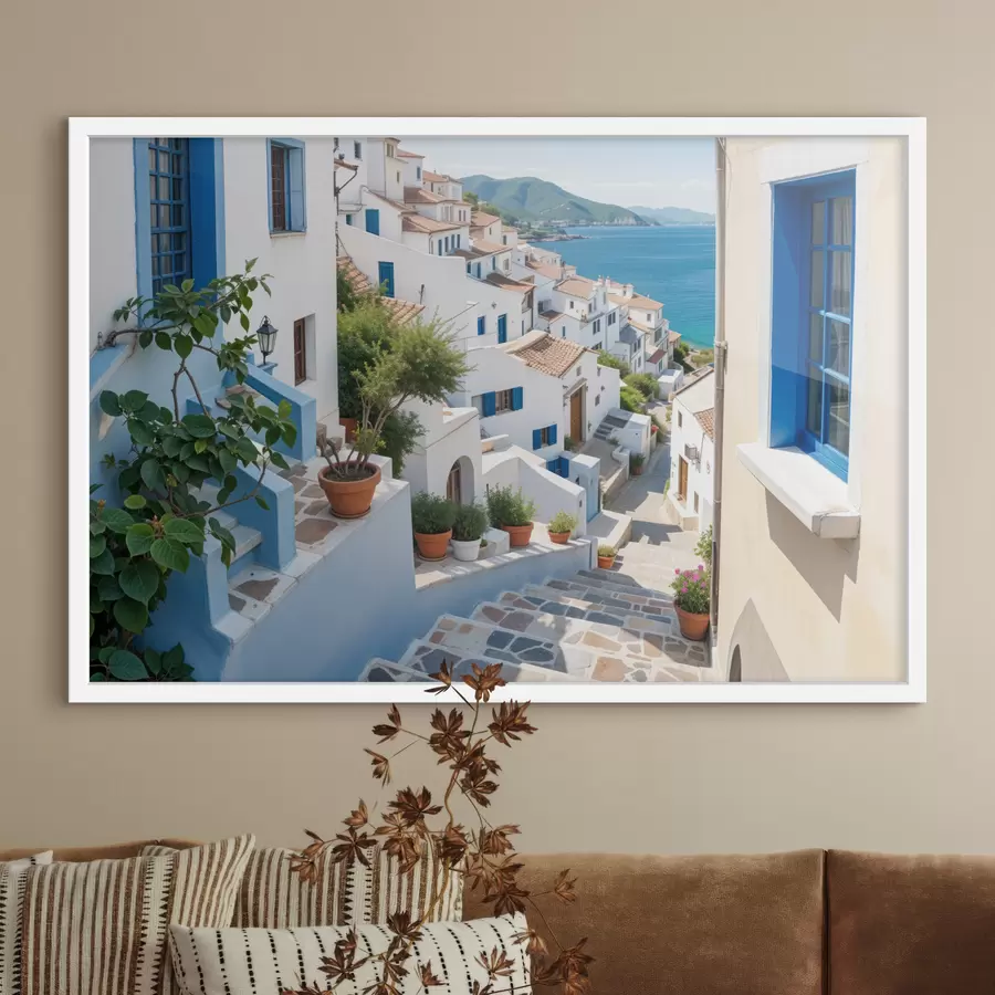 Fototapetai Vaizdingas pakrantės miestelis su baltais pastatais, mėlynais langais ir siauromis gatvelėmis išklotais vazoniniais augalais f40148