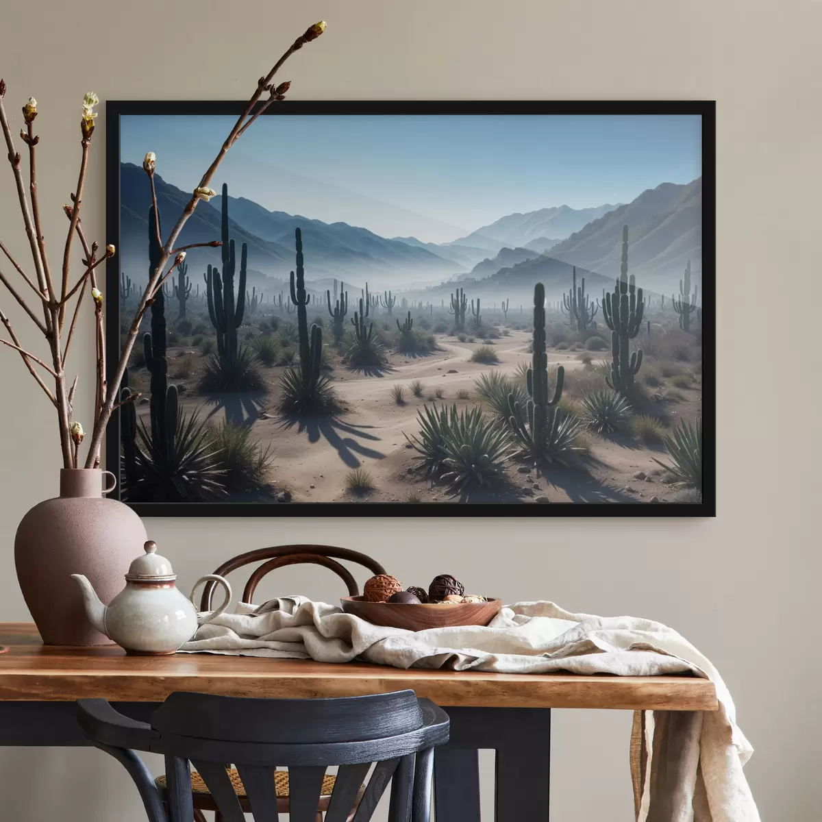 Plakatas Dykumos peizažas su aukštais kaktusais ir jukų augalais pirmame plane, apsuptas miglotų kalnų f40153