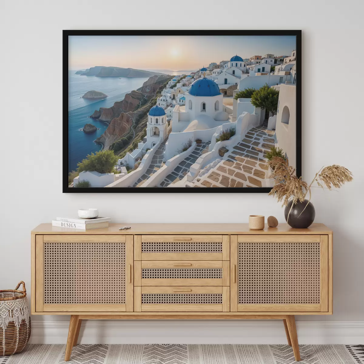 Plakatas Santorinio sala, Graikija. Miestelis pastatytas ant kalvos šlaito su vaizdu į Egėjo jūrą f40160