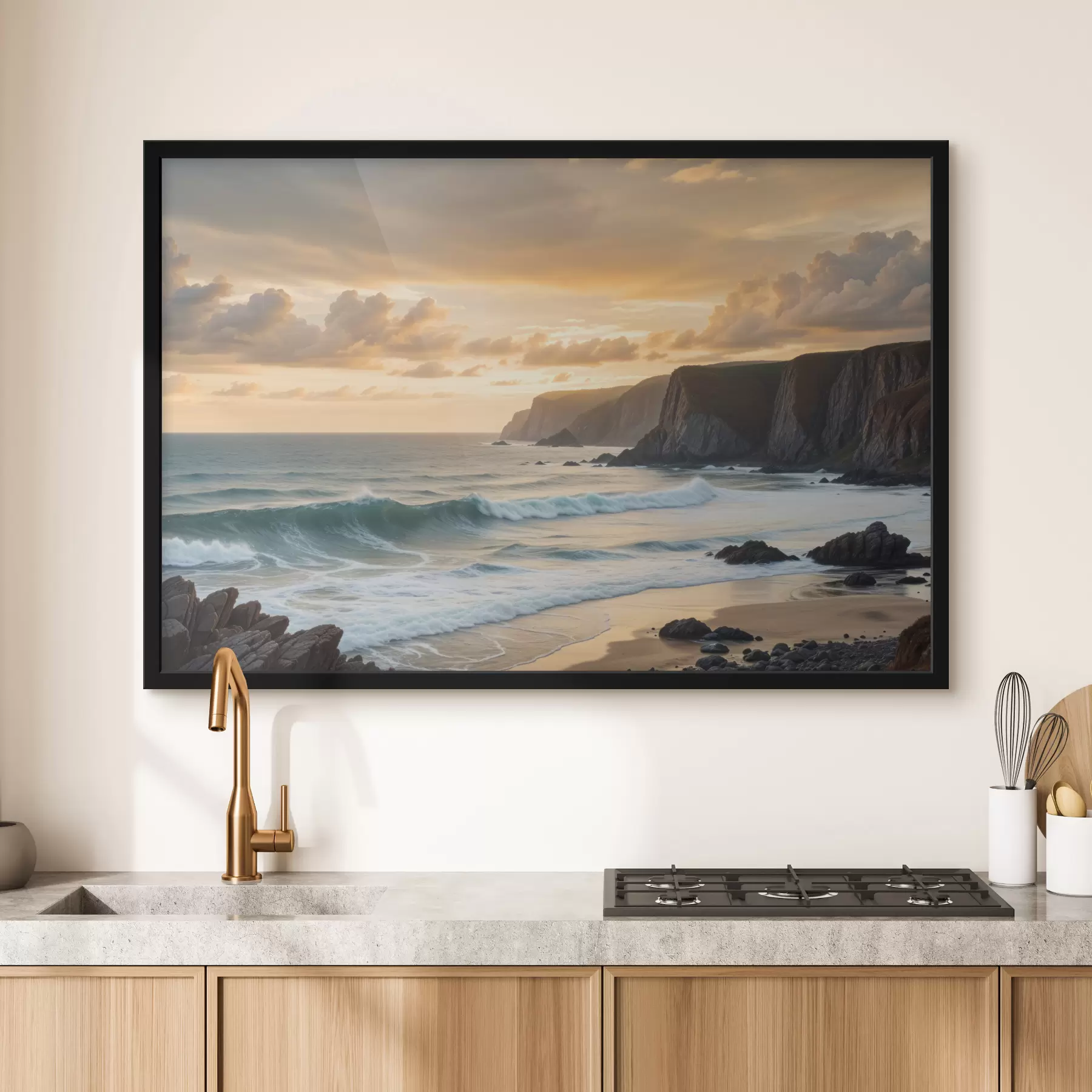 Fototapetai Vaizdingas pakrantės kraštovaizdis su įspūdingomis uolomis, dūžtančiomis bangomis ir spalvingu saulėlydžio dangumi f40176