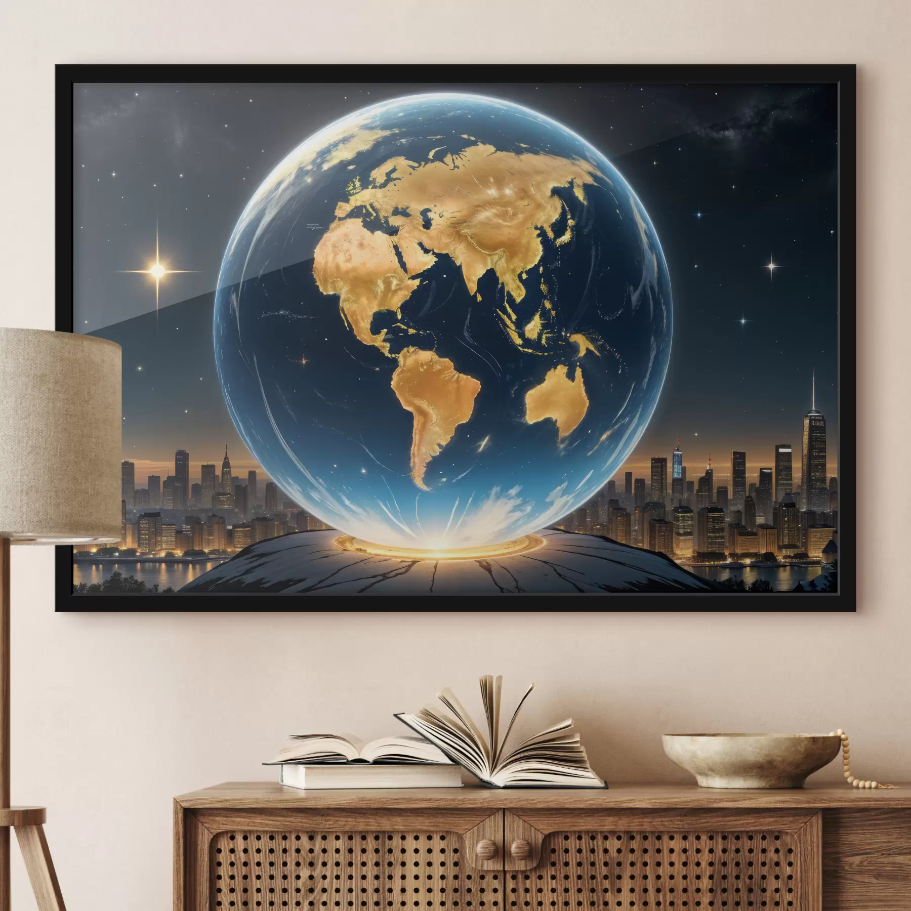 Fototapetai Išsamus, fotorealistiškas Žemės planetos, plūduriuojančios kosminiame peizaže, atvaizdas f40178