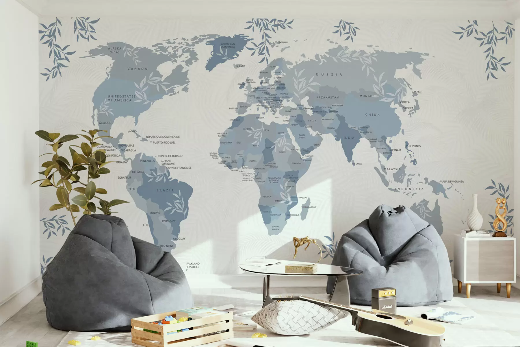 Fototapetai Stilingas pasaulio žemėlapis su mėlynos spalvos lapais ir augalais w08211v4