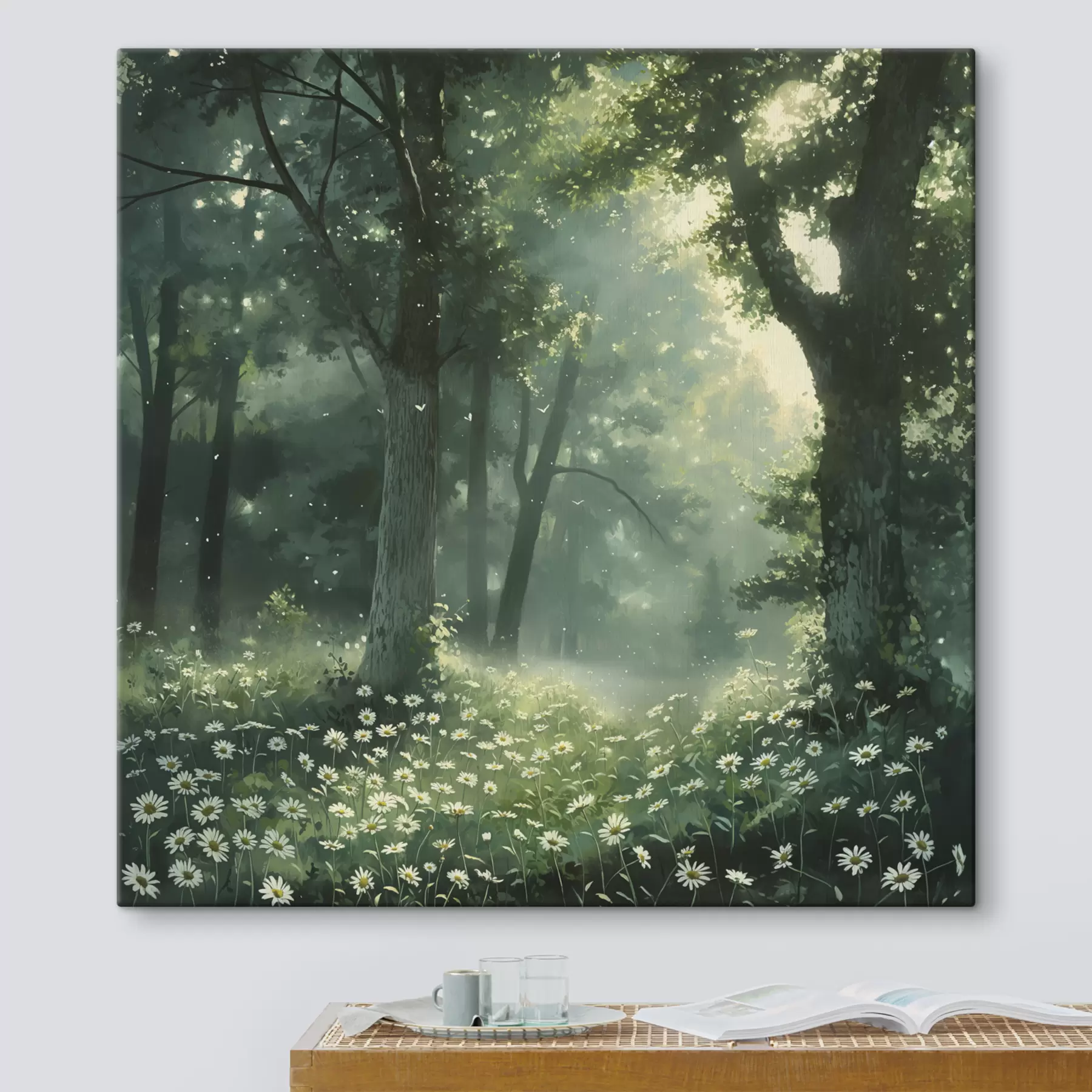 Fototapetai Tankus miškas su saulės spinduliais medžiuose, ramunėlių žiedais, žalia žole, gamta s40224