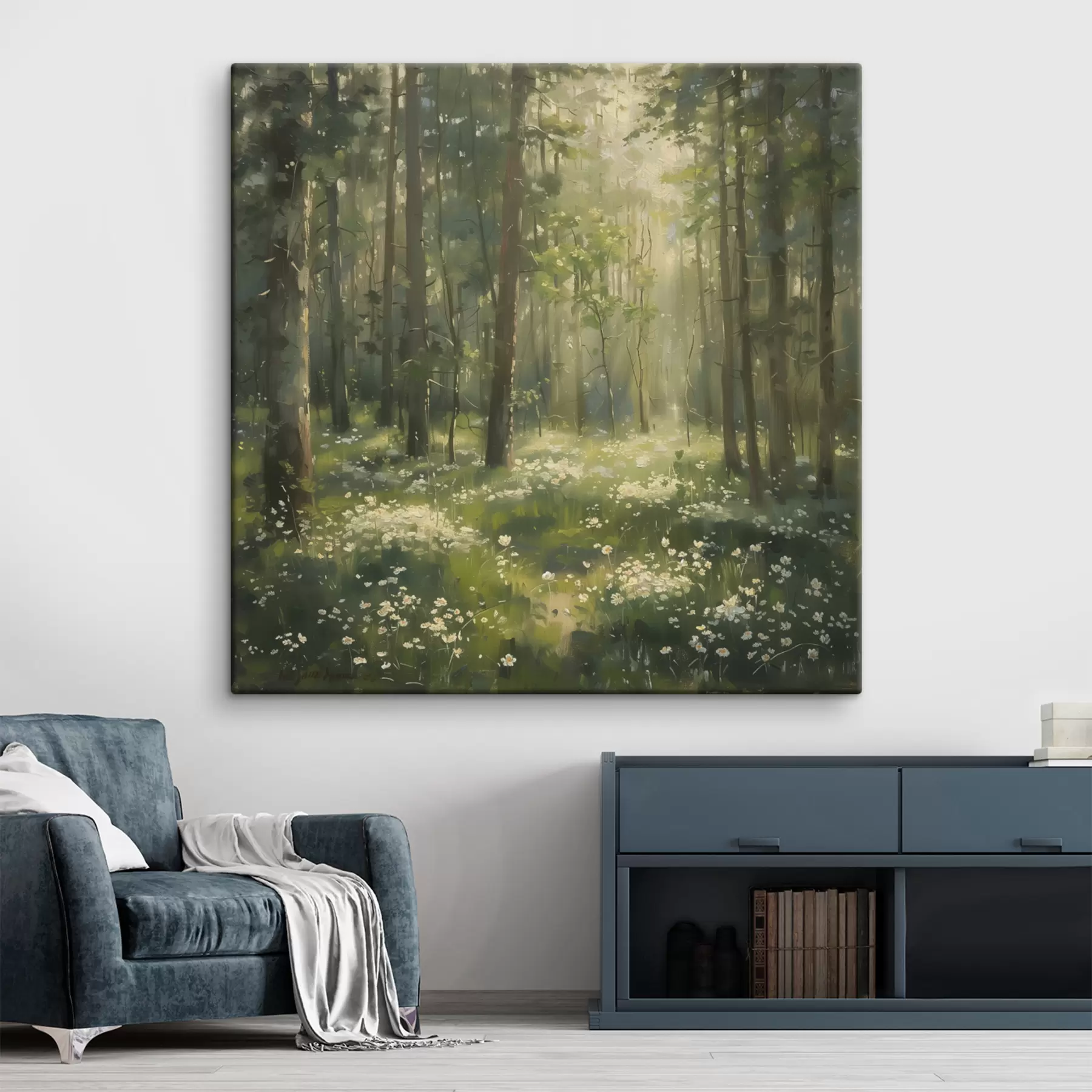 Fototapetai Miškas su saulės šviesa medžiuose, ramunėlių gėlėmis, žalia žolė, akrilo piešinys s40226