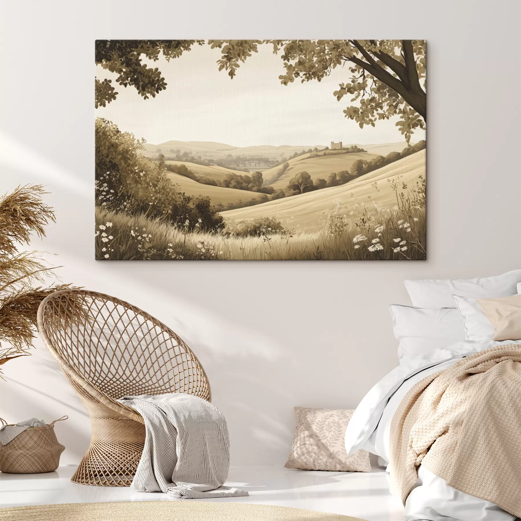 Fototapetai Gamtos peizažas smėlio spalvos paletėje, pieva, gėlės, medžiai, pilis s40230