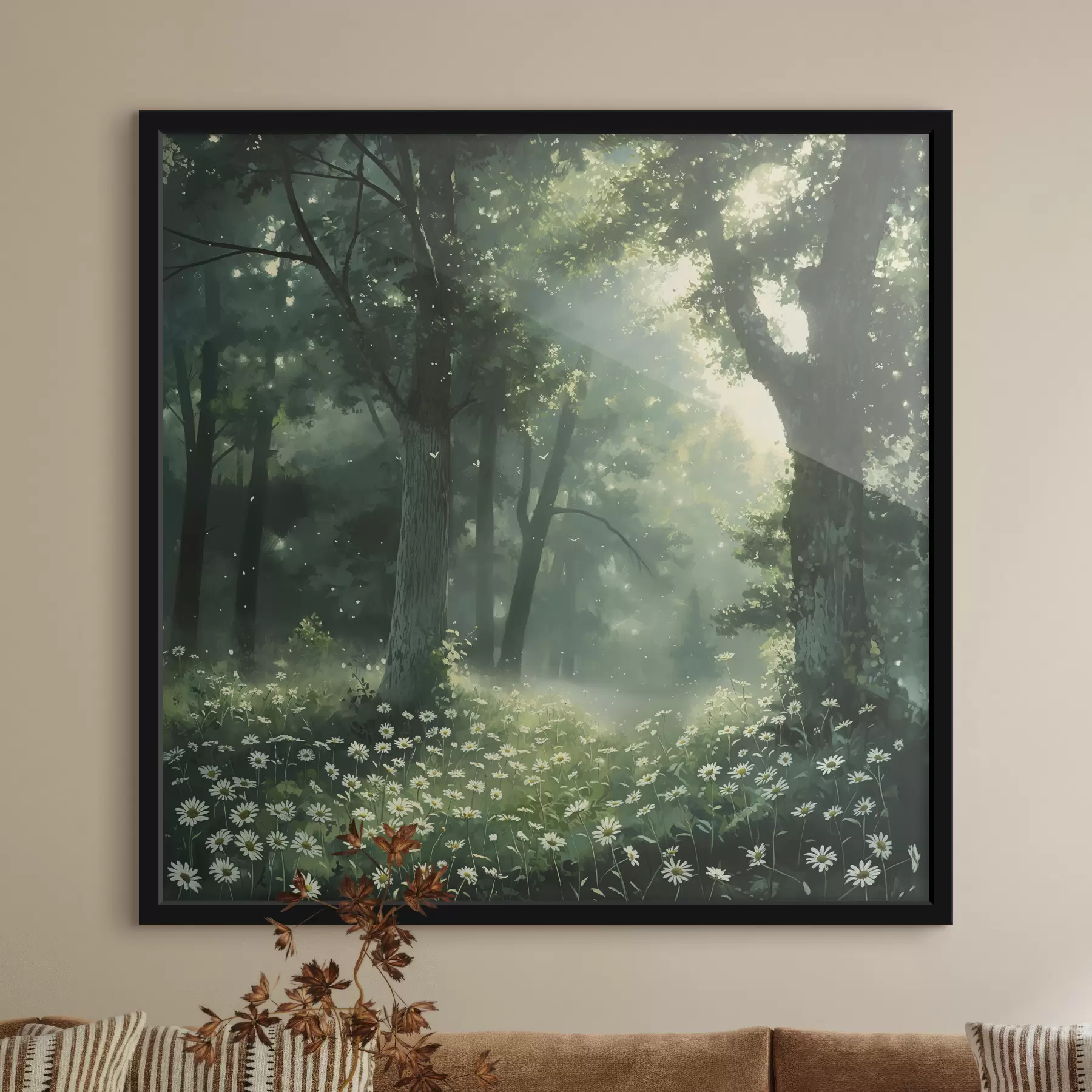 Fototapetai Tankus miškas su saulės spinduliais medžiuose, ramunėlių žiedai, žalia žolė, gamta f40224