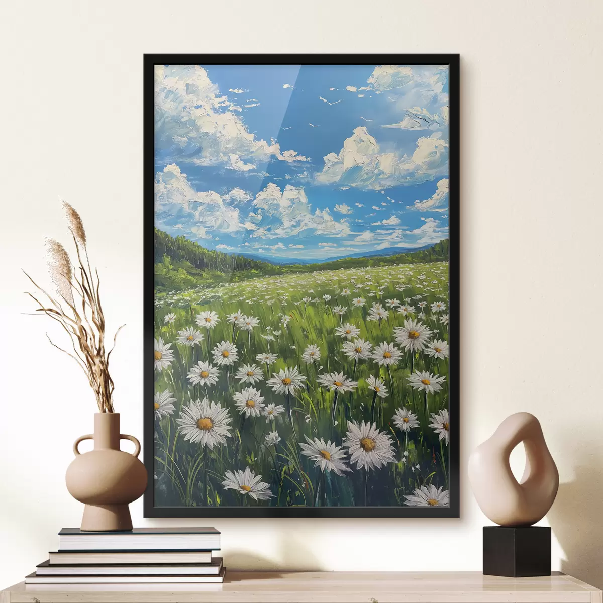 Plakatas ramunėlių peizažas lauke f40255