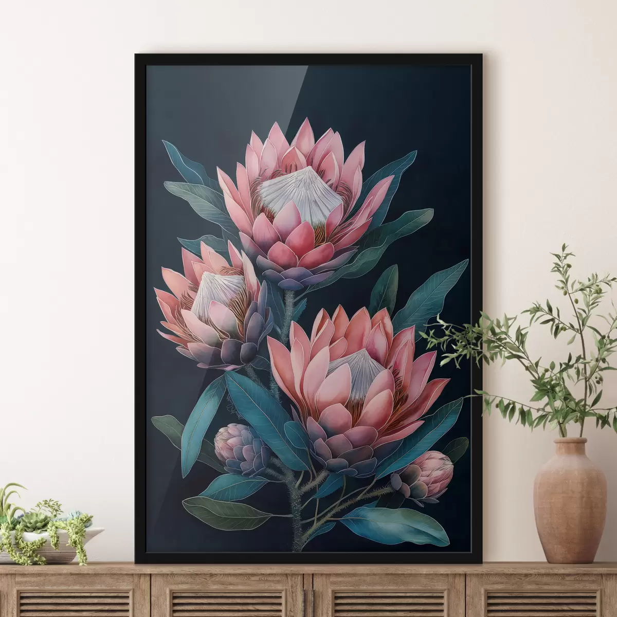 Plakatas protea puokštė tamsiame fone f40257