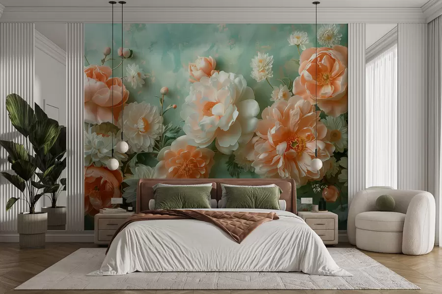 Fototapetai Švelni bijūnų ir chrizantemų kompozicija smaragdo fone w01426