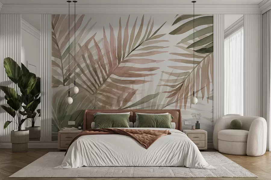 Fototapetai Įvairių žalių ir rožinių atspalvių palmių akvarelės lapai šviesiame fone w08218