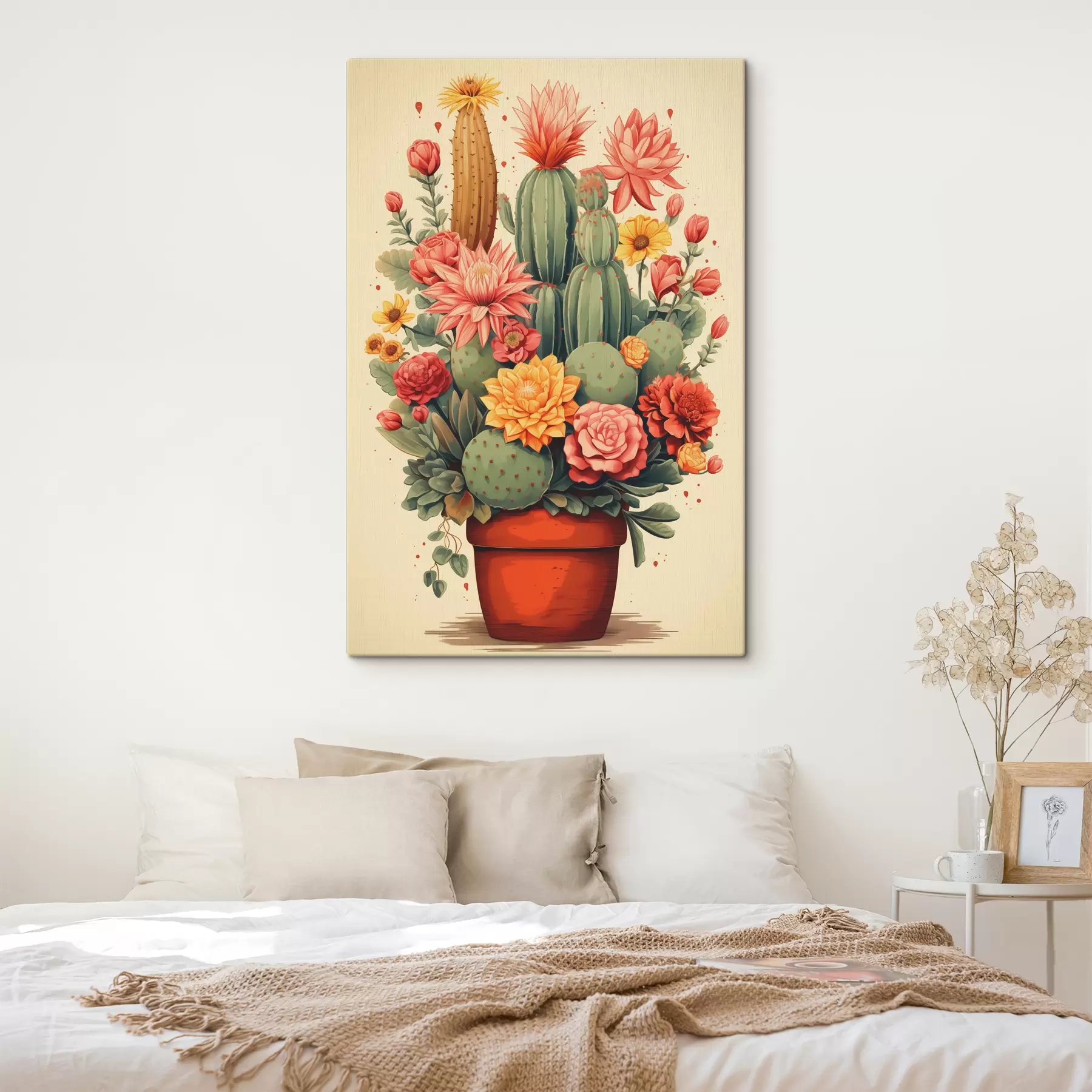 Fototapetai Žydintys kaktusai vazonėlyje, žalios, raudonos, geltonos, oranžinės spalvos s40316
