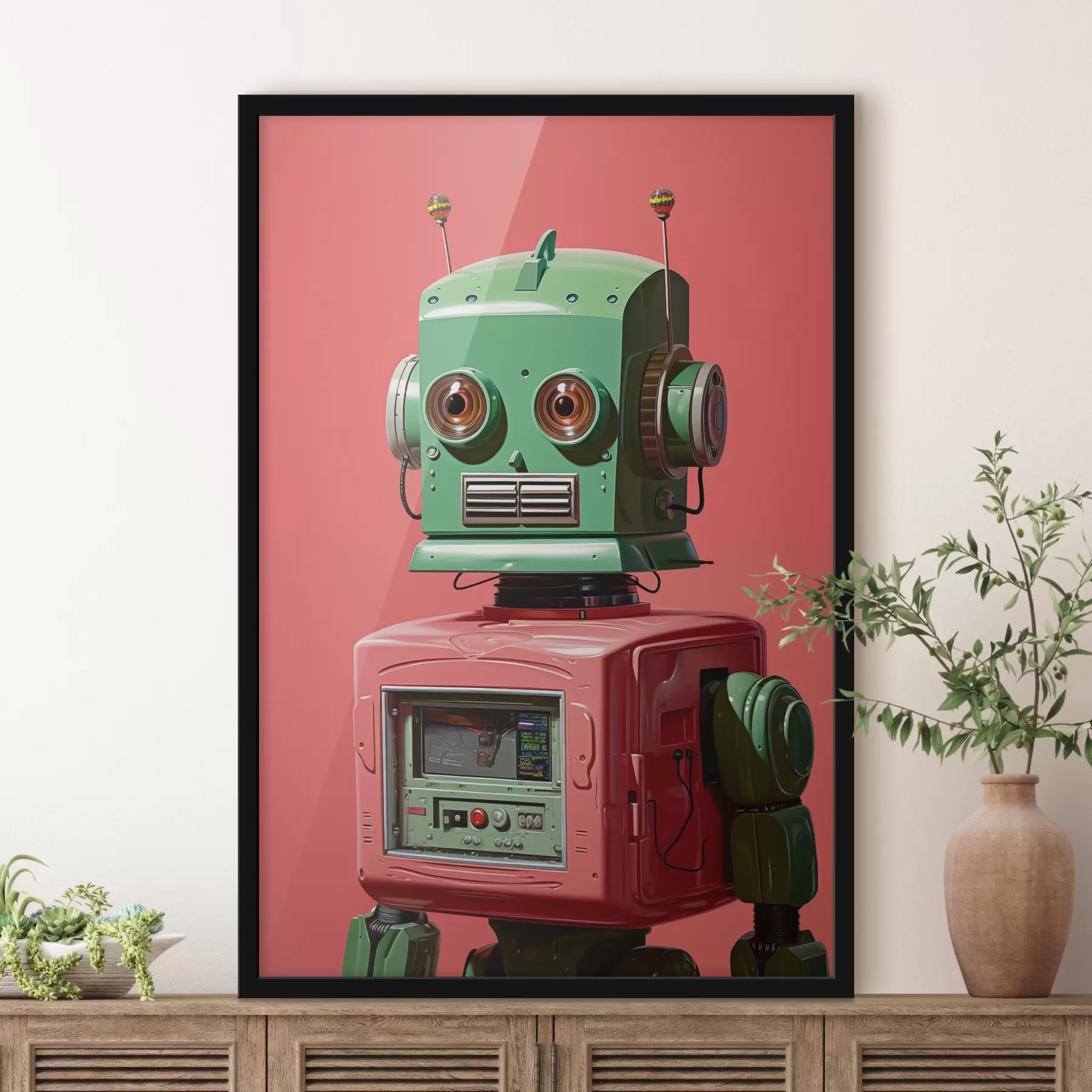 Paveikslėlis Android robotas su žalia galva rožiniame fone f40314