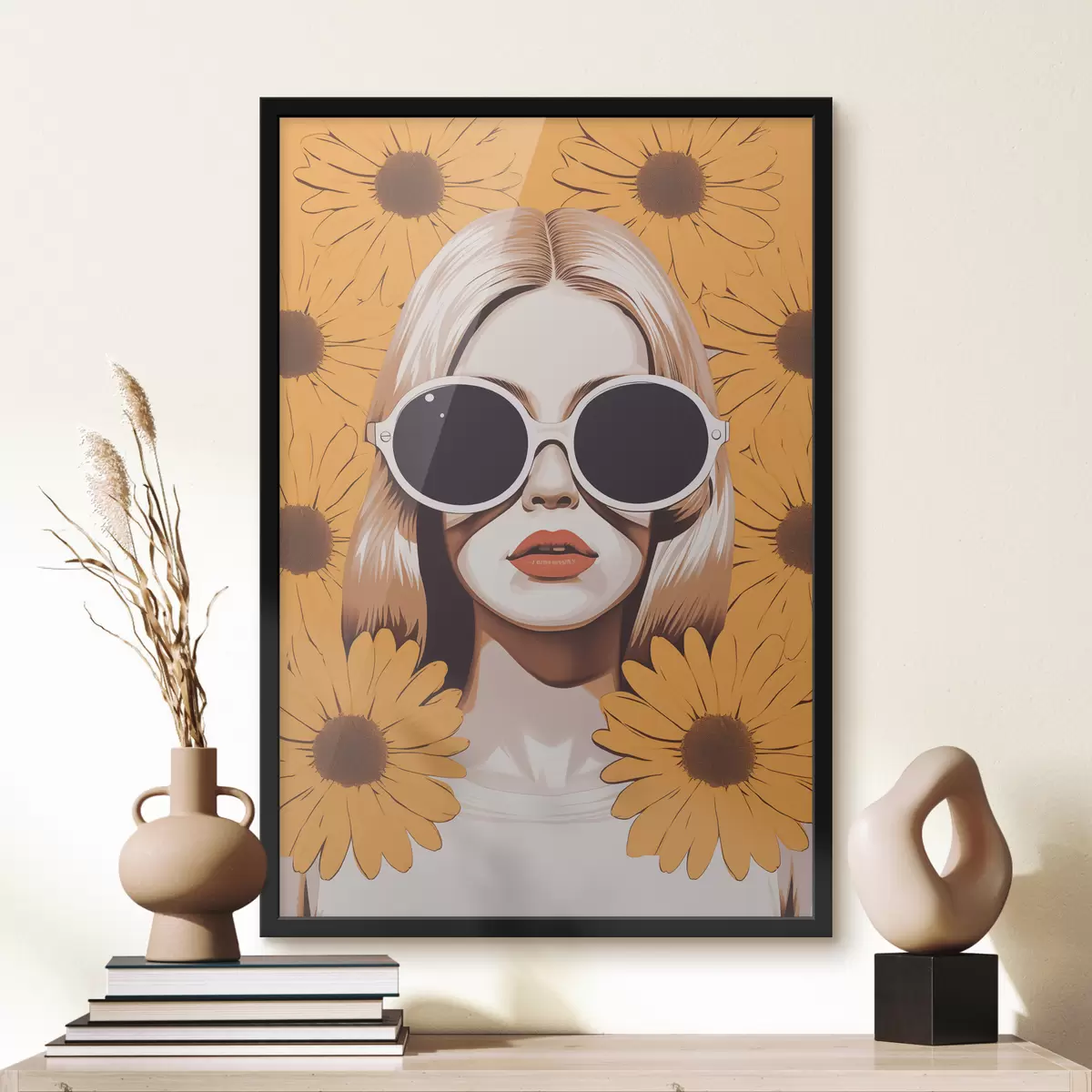 Plakatas Mergina su dideliais akiniais nuo saulės su geltonomis ramunėlėmis retro stiliaus f40317