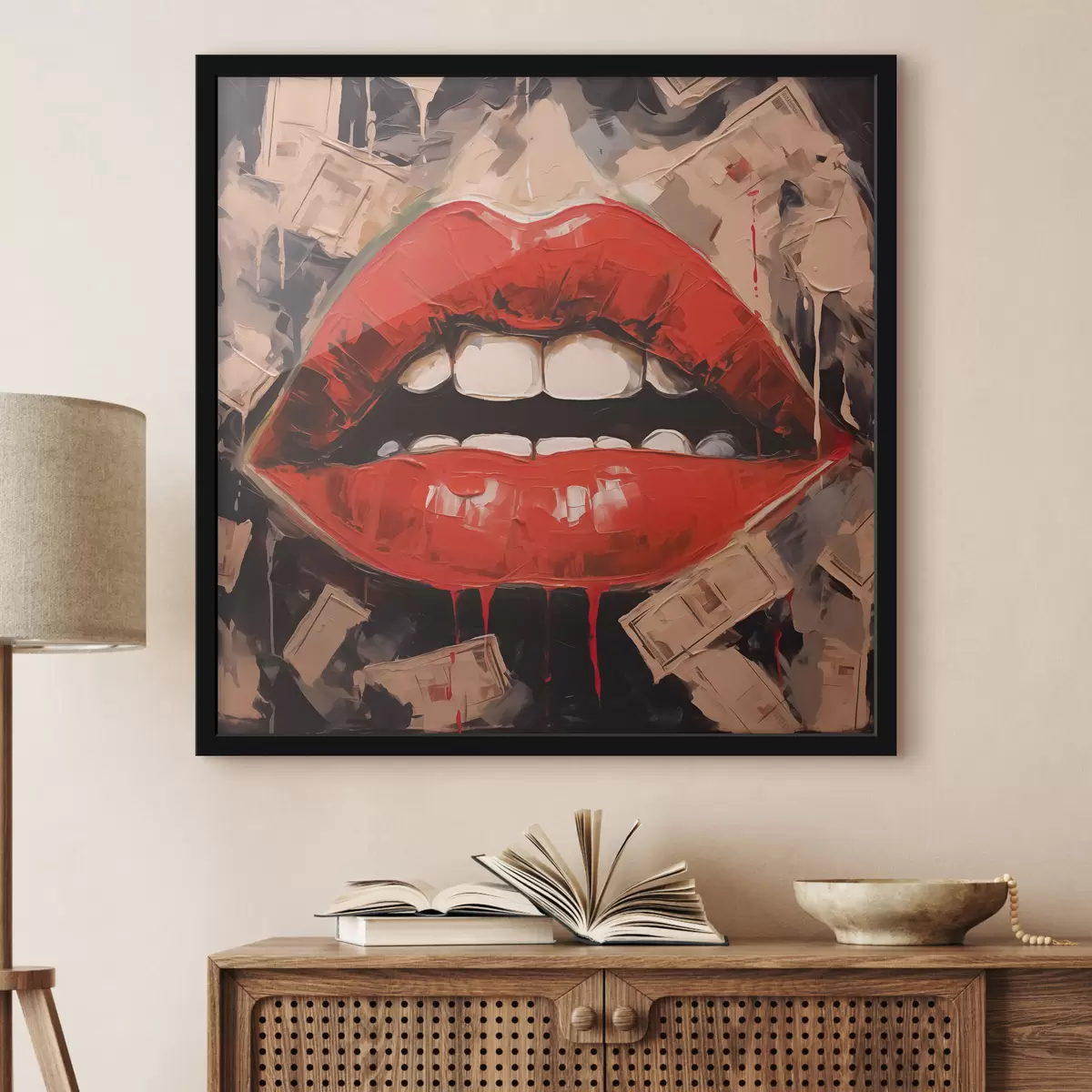 Plakatas Abstraktus paveikslas raudonos lūpos balti dantys f40319